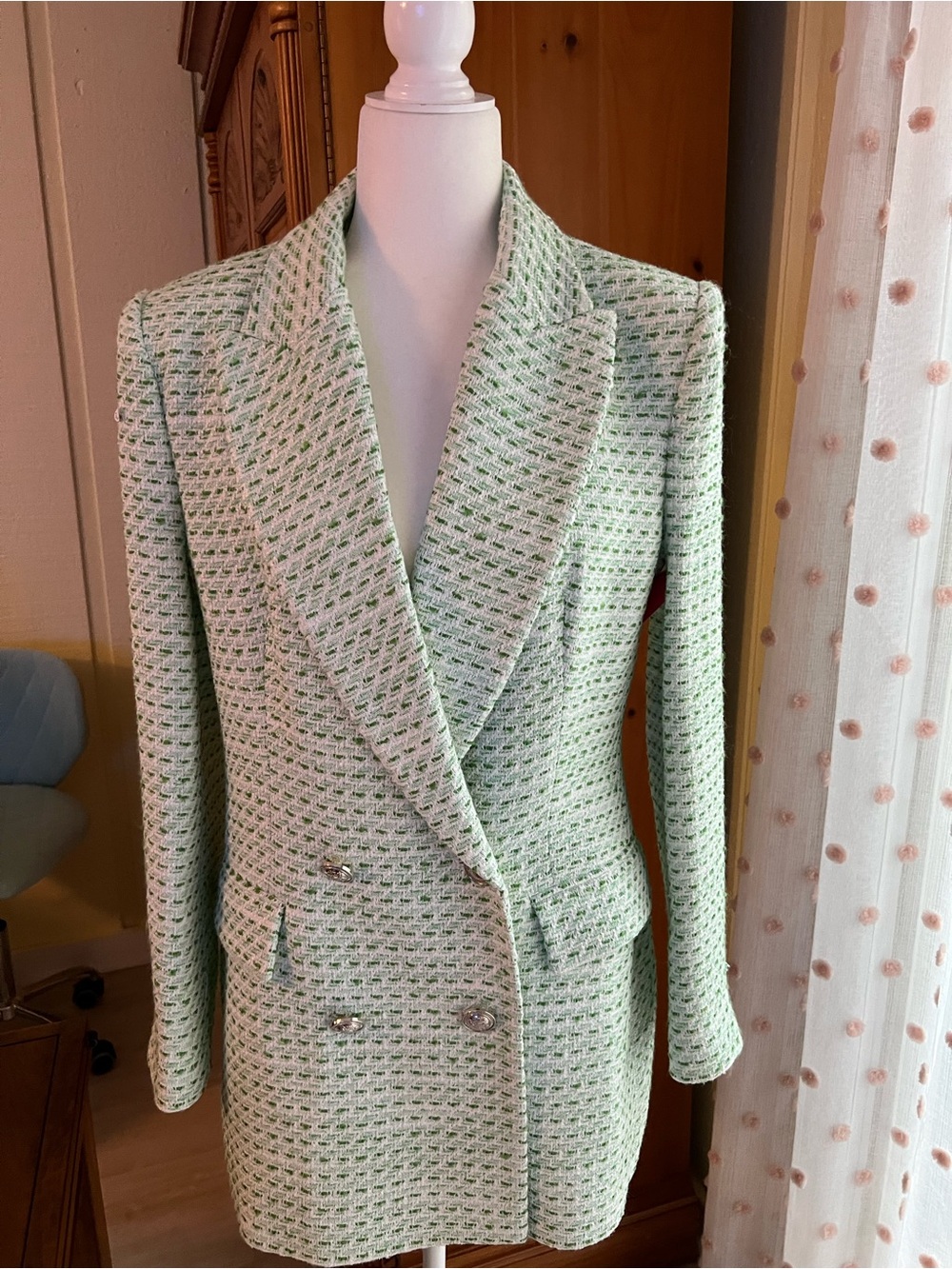 Zara Mint Green Tweed Double-Breasted Blazer